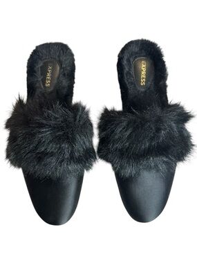 Express Black Faux Fur Satin Slide Mule Flats Size M 7–8